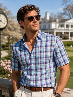 Bugatchi Uomo Plaid Stripe Luxury Mens Short Sleeve Shirt  Size L